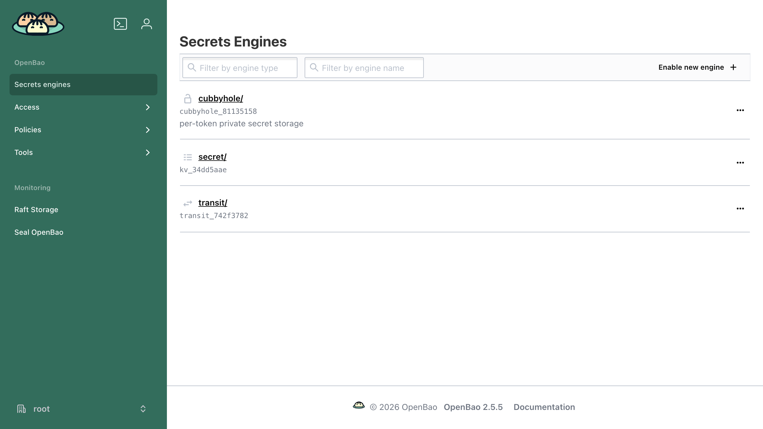 The OpenBao web UI listing the enabled secrets engines
