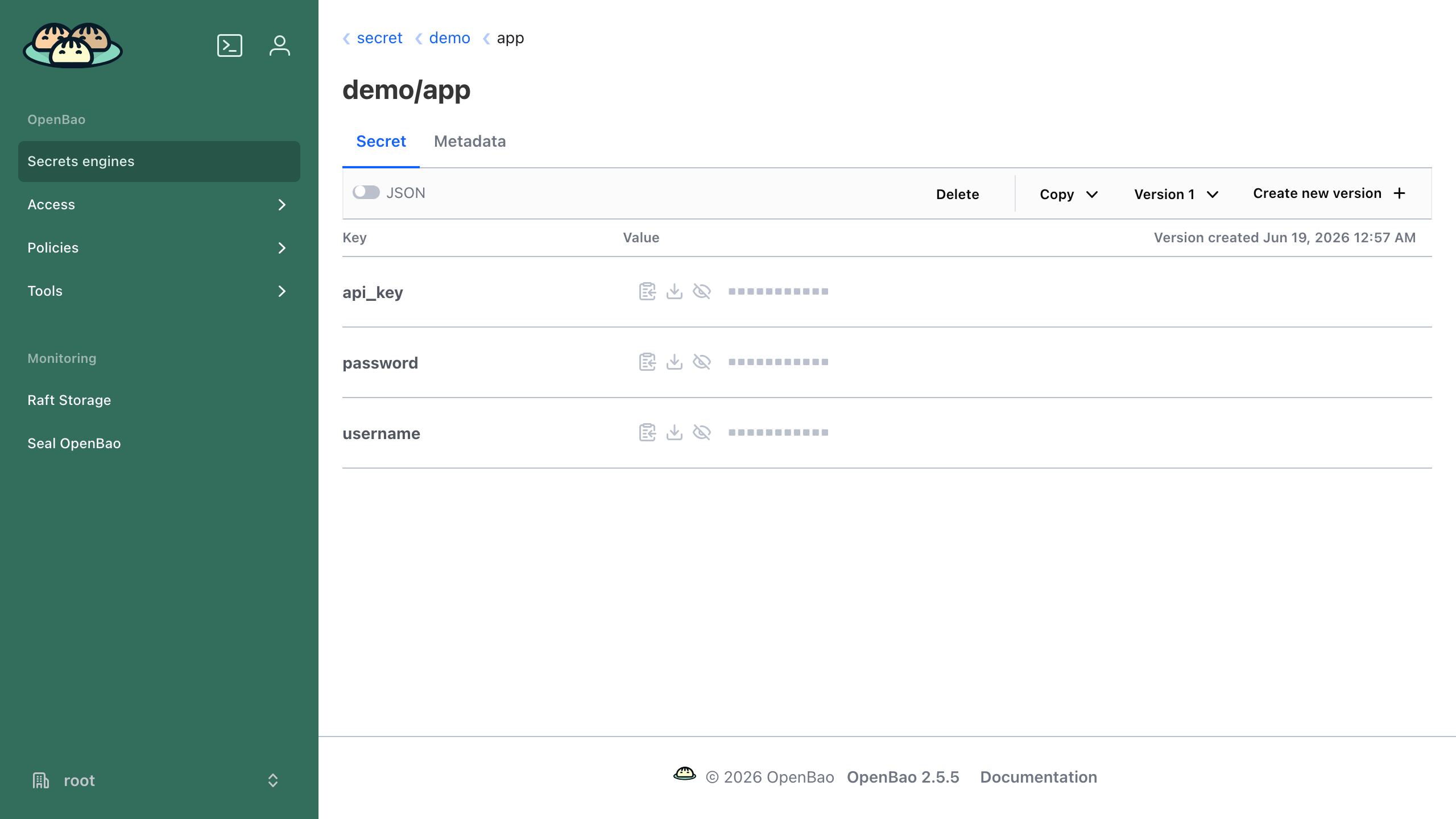 Reading a key/value secret through the OpenBao web UI