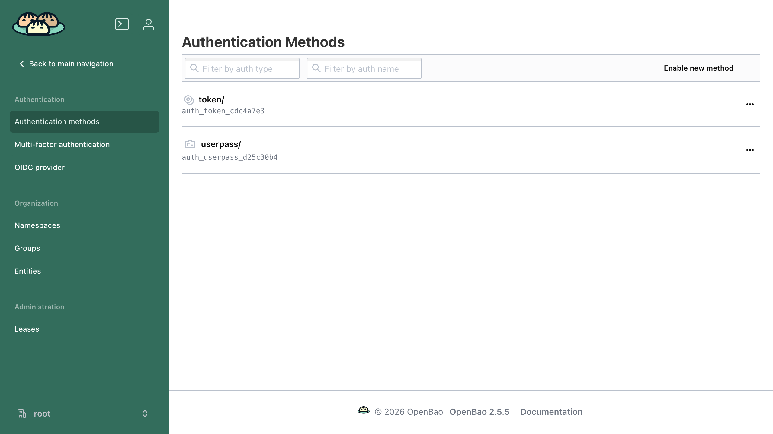 The OpenBao web UI Authentication Methods page