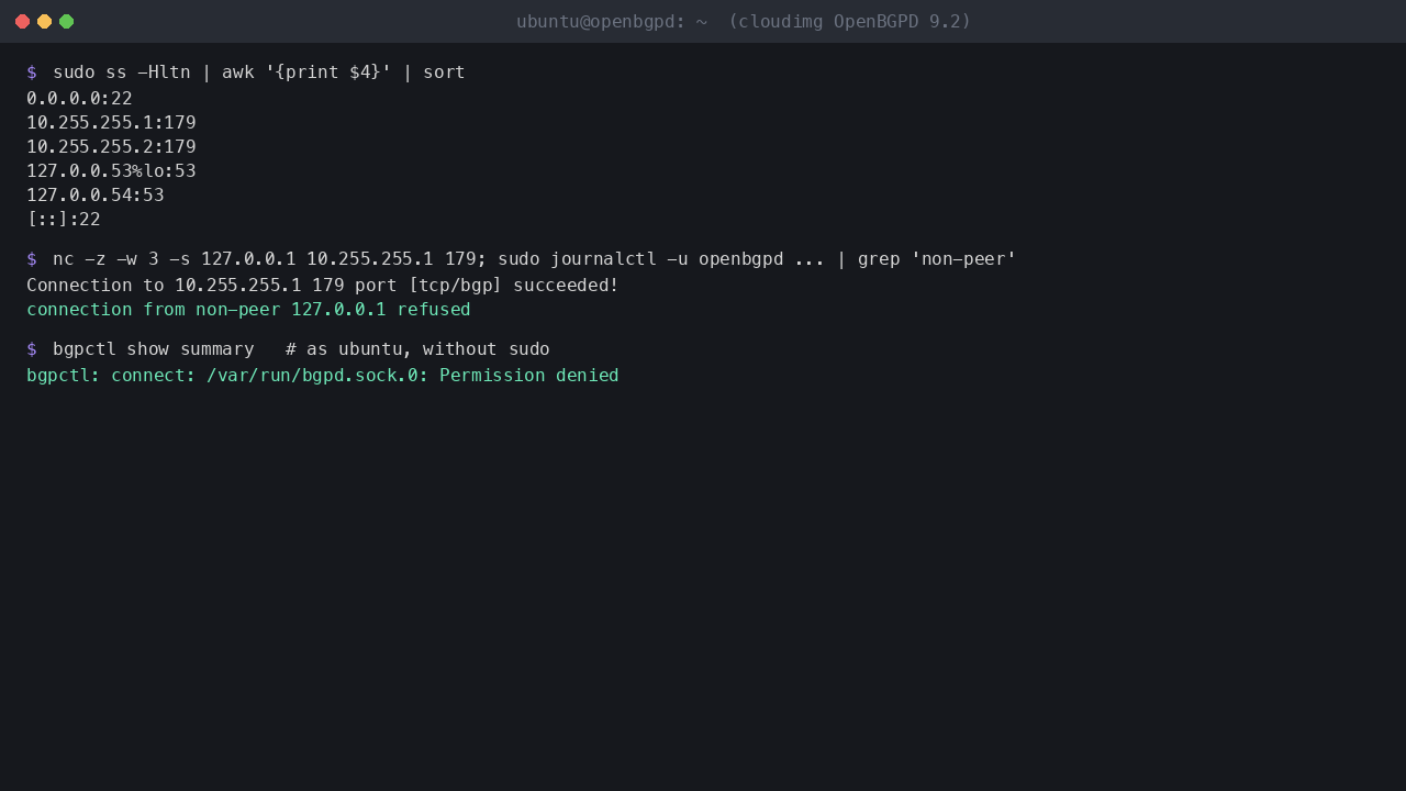 The TCP listening set with BGP on the internal demo addresses only, a connection from a non-neighbor address refused and logged, and bgpctl refused for a non-root user