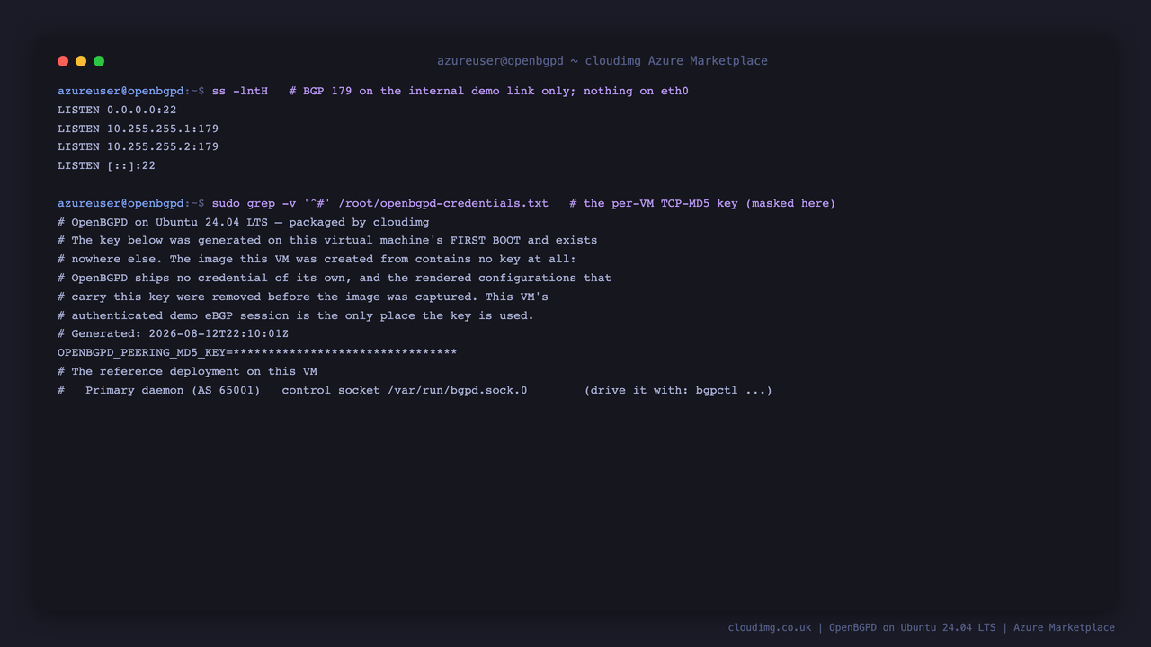 ss showing BGP bound to the internal demo link only, and the per-VM TCP-MD5 key record