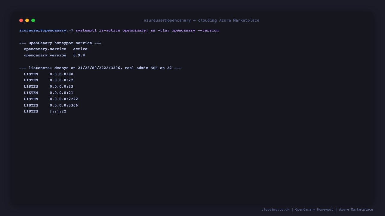 Terminal showing the opencanary service active and listening on the decoy ports 21, 23, 80, 2222 and 3306 while real admin SSH stays on port 22, with the OpenCanary version reported