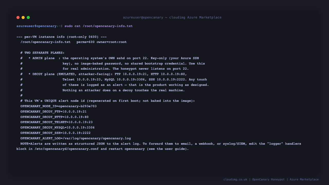 Terminal showing the root only instance info note describing the separate admin and decoy planes, this VM's unique alert node id, and the alert log location
