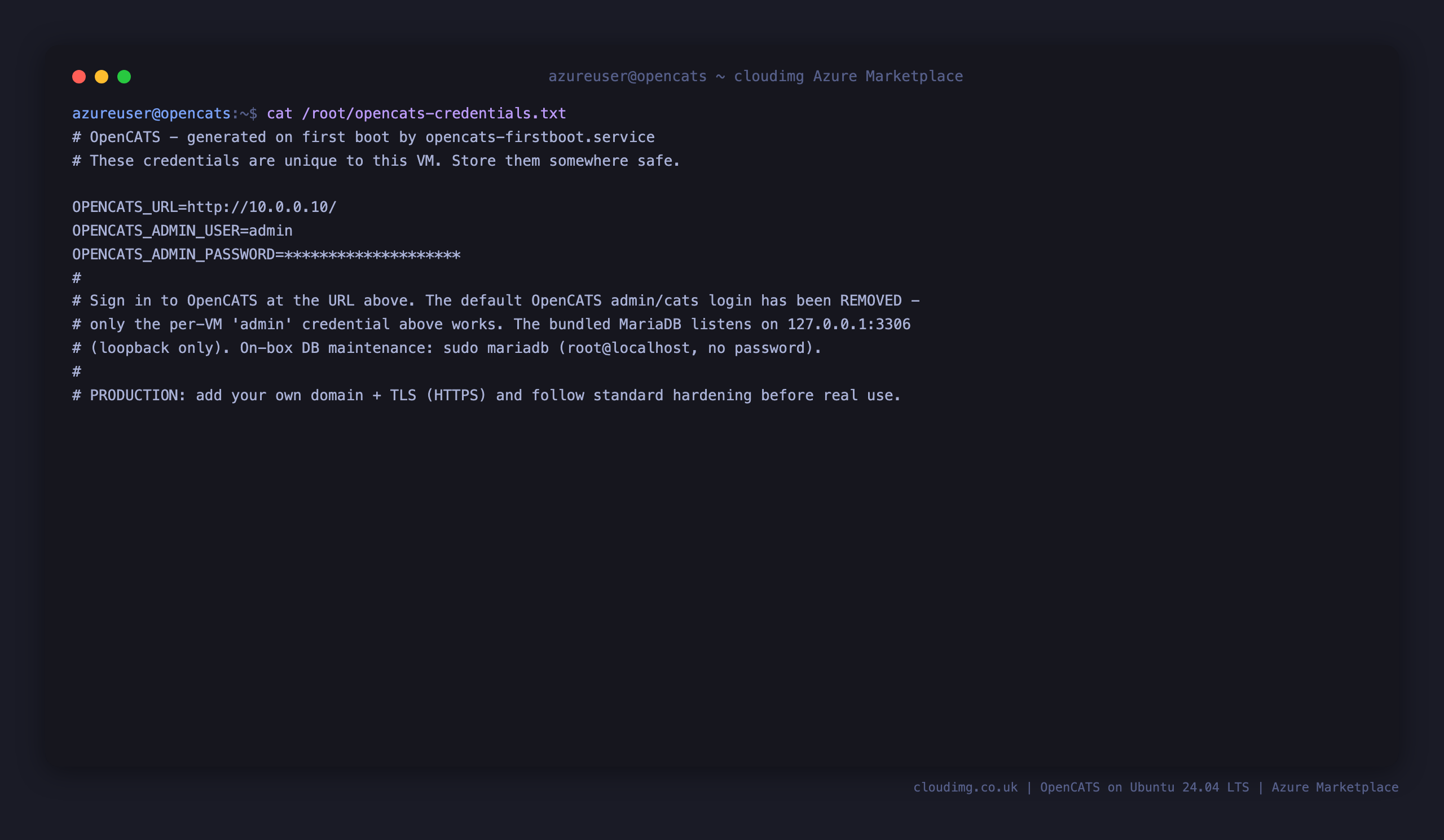 The per VM OpenCATS credentials file, showing the admin login user, the generated password and the console URL