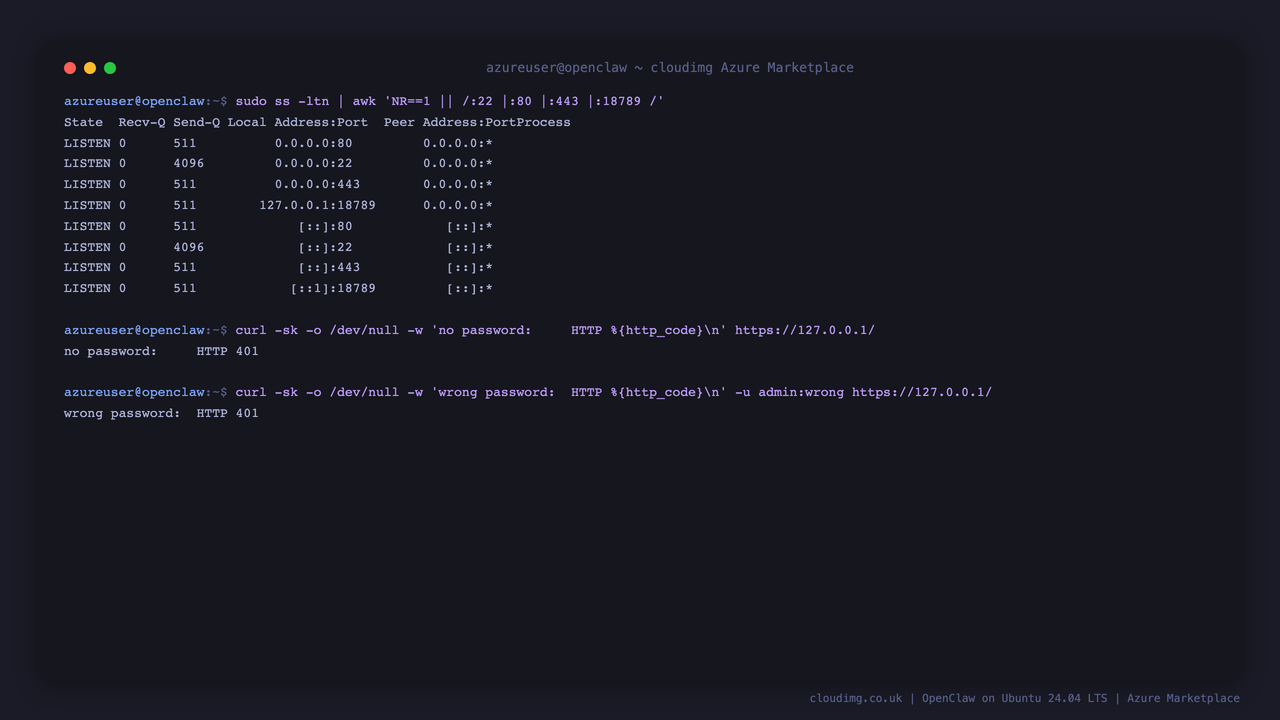 The Gateway listens on loopback only, behind the password gate