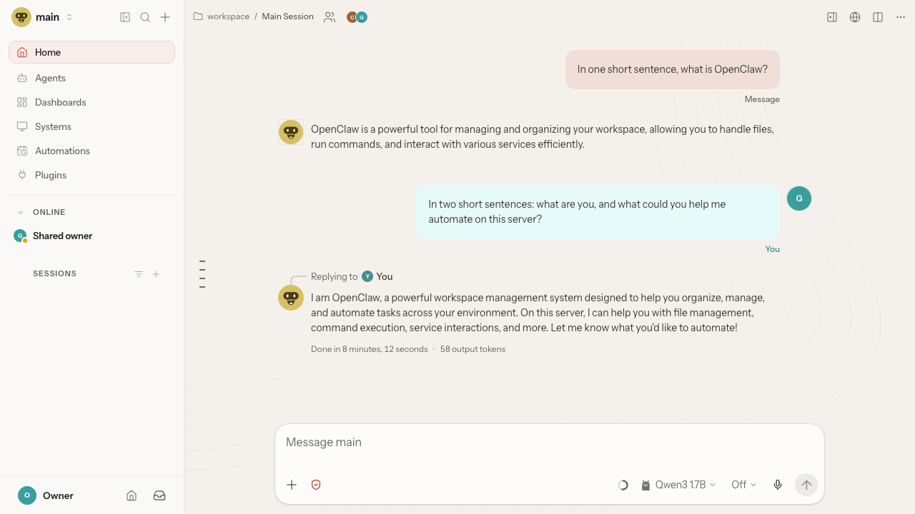 An agent reply in the Control UI