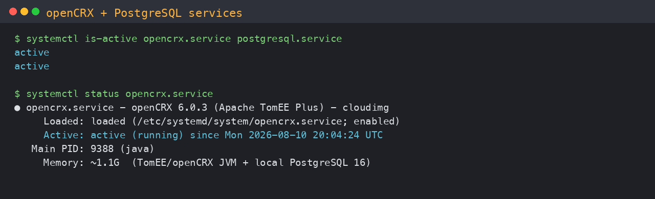 openCRX and PostgreSQL services active on Ubuntu 24.04