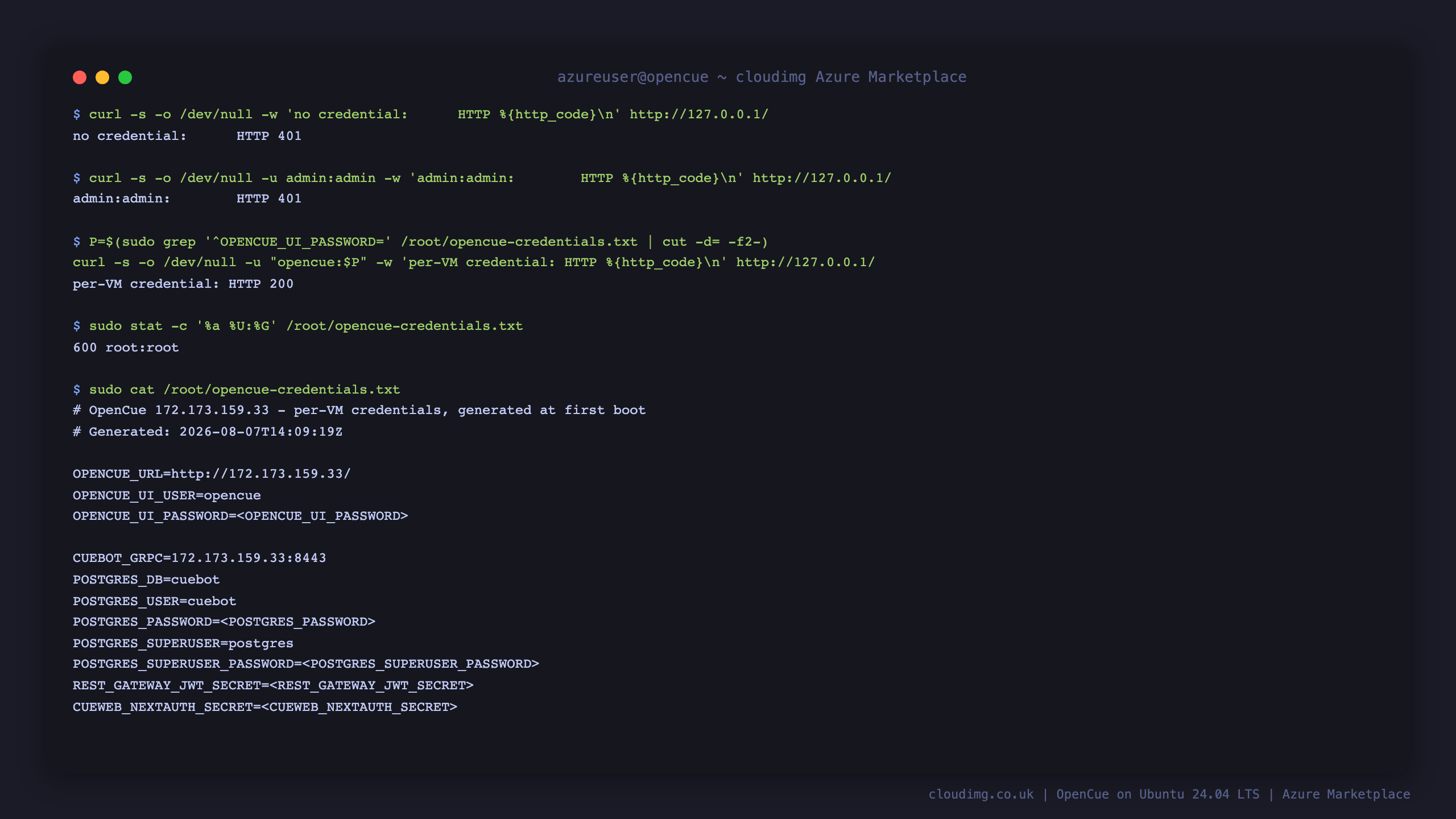 The web interface rejecting no credential and admin:admin with 401 and accepting the per-VM credential with 200, alongside the root-only credentials file listing every per-VM secret