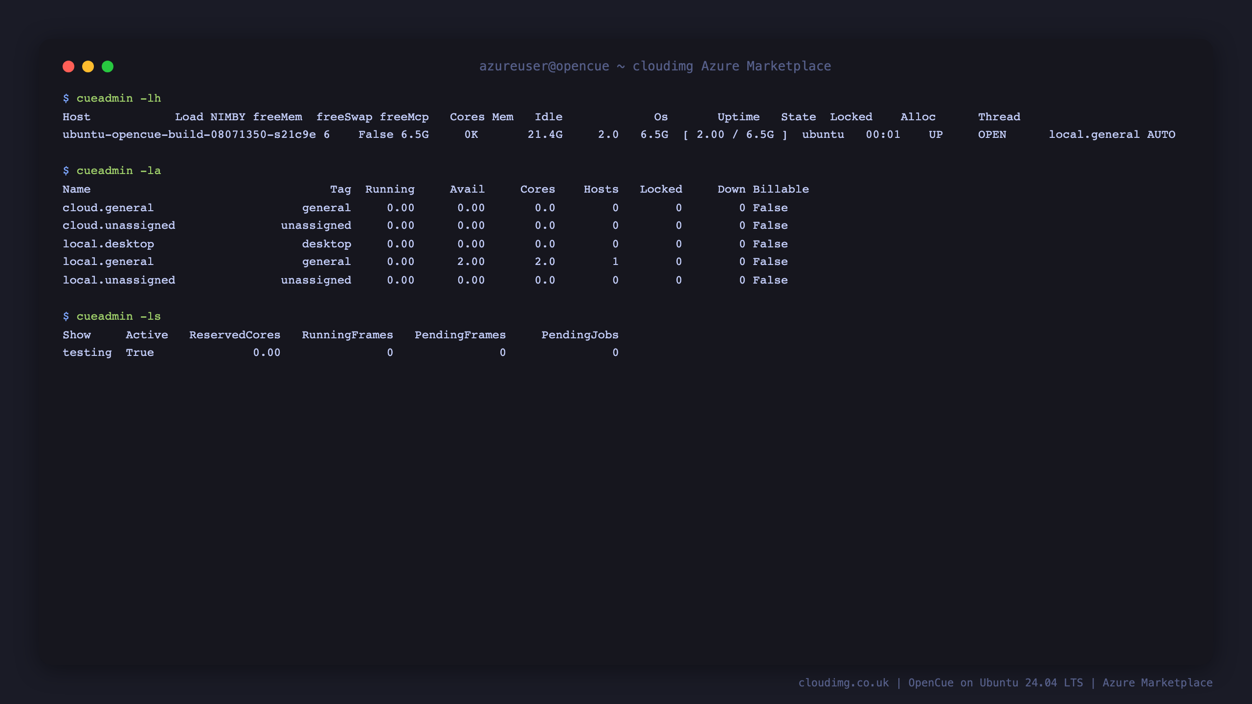 cueadmin listing the registered render host reporting UP with two cores, the farm allocations, and the seeded show