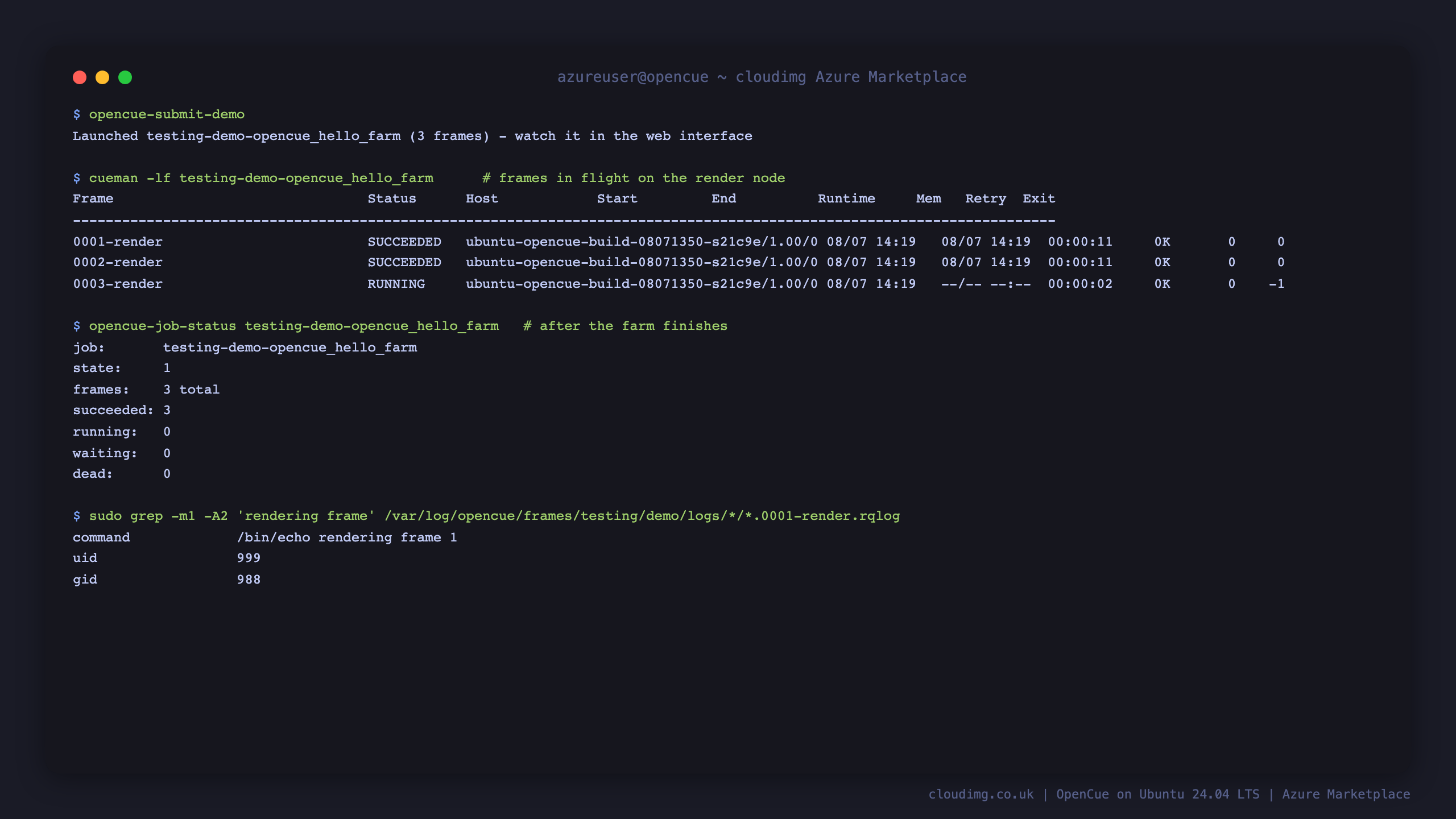 Submitting the demo job, cueman showing frames dispatched to the render host, the job completing three of three frames, and the render log capturing the frame command output