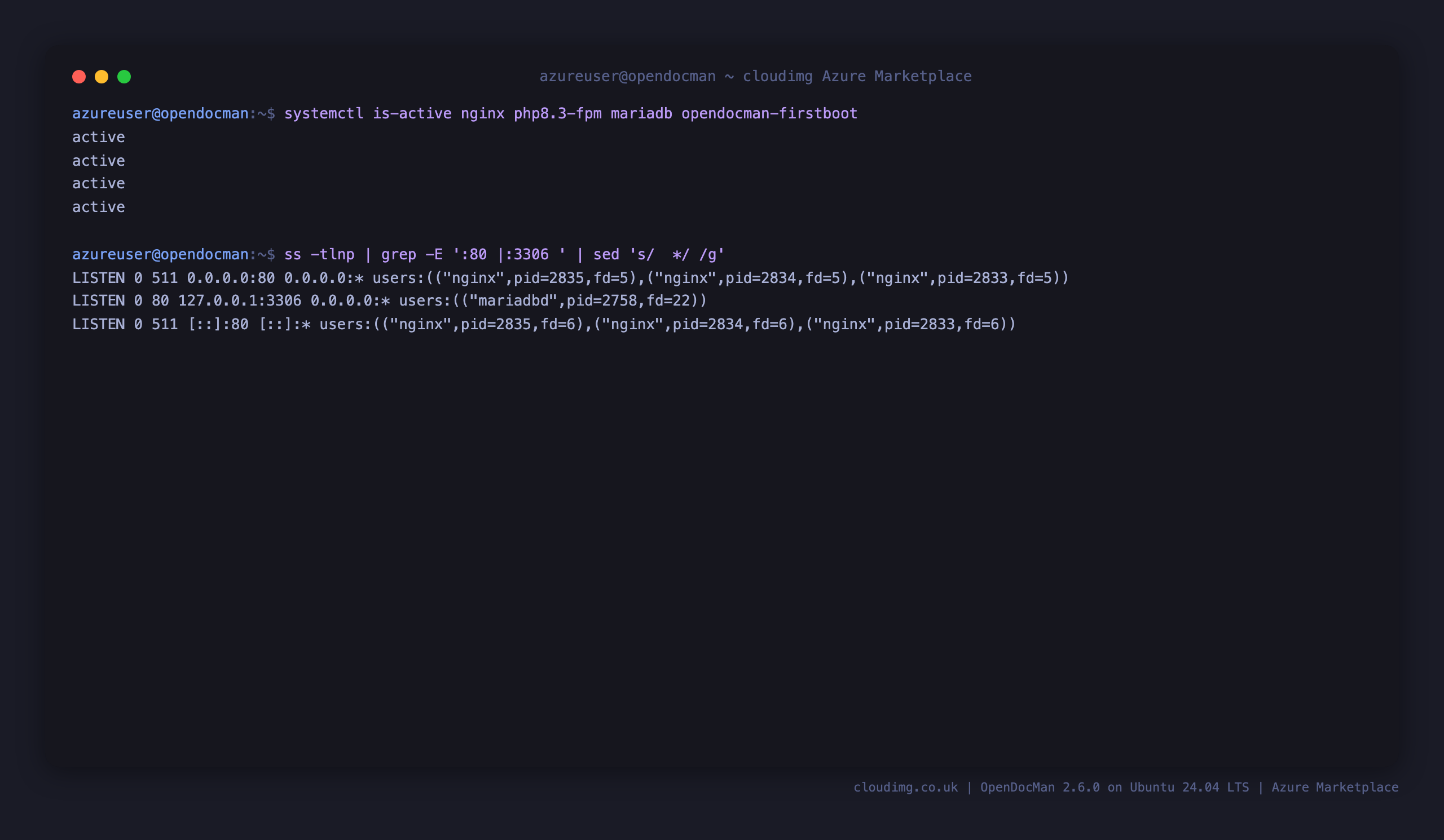 The nginx, php8.3-fpm, mariadb and opendocman-firstboot services active, with nginx listening on port 80 and MariaDB bound to loopback 127.0.0.1:3306
