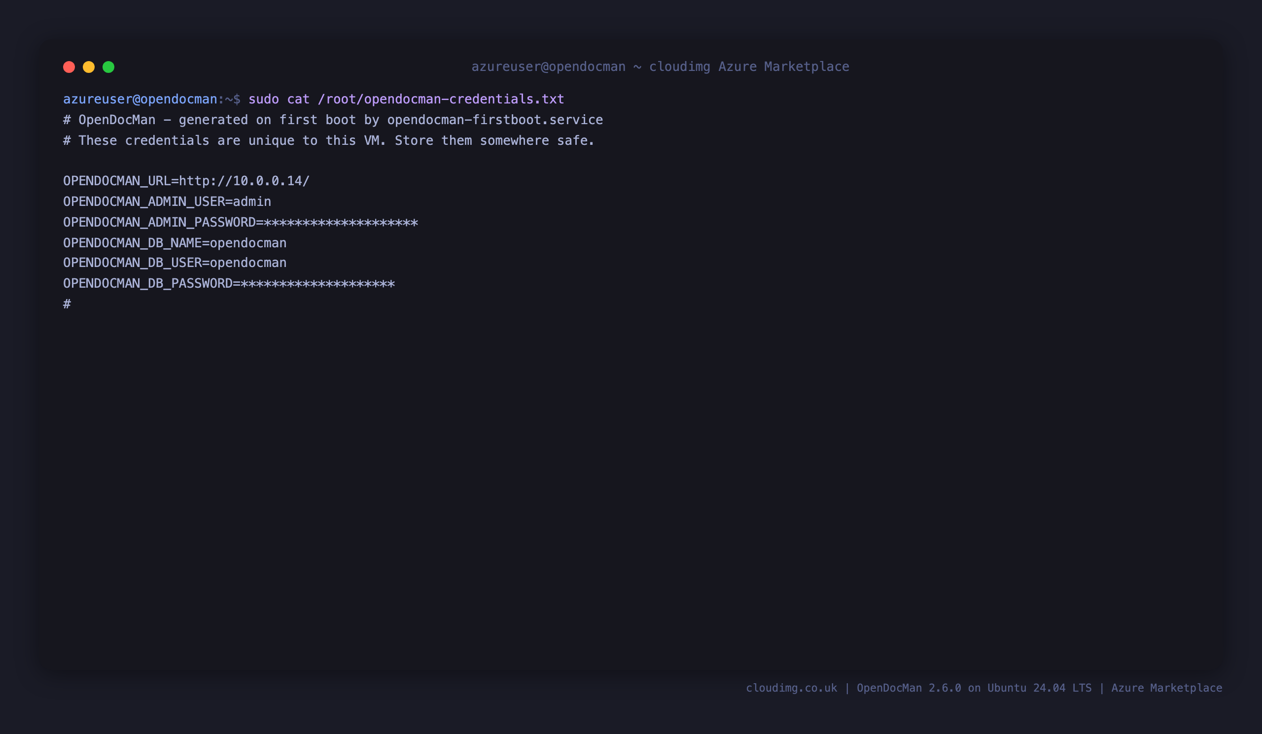 The per VM OpenDocMan credentials file showing the site URL, the administrator user, and the masked administrator and database passwords