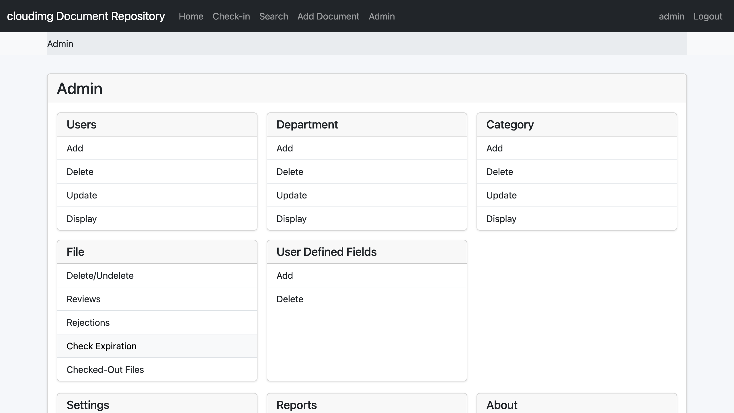 The OpenDocMan Admin page showing the Users, Department, Category, File, User Defined Fields, Settings, Reports and About administration panels