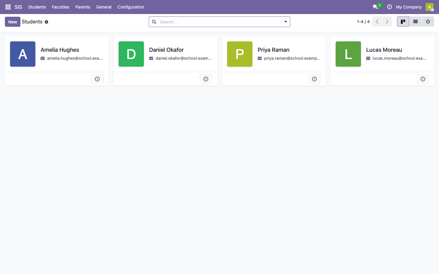 The Students app listing student records