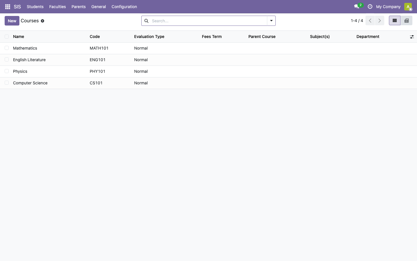 The Courses list showing course name and code