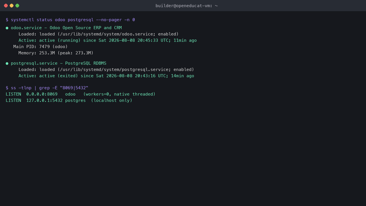 Terminal showing odoo.service and postgresql.service both active (running), with port 8069 bound to 0.0.0.0 and PostgreSQL bound to localhost only