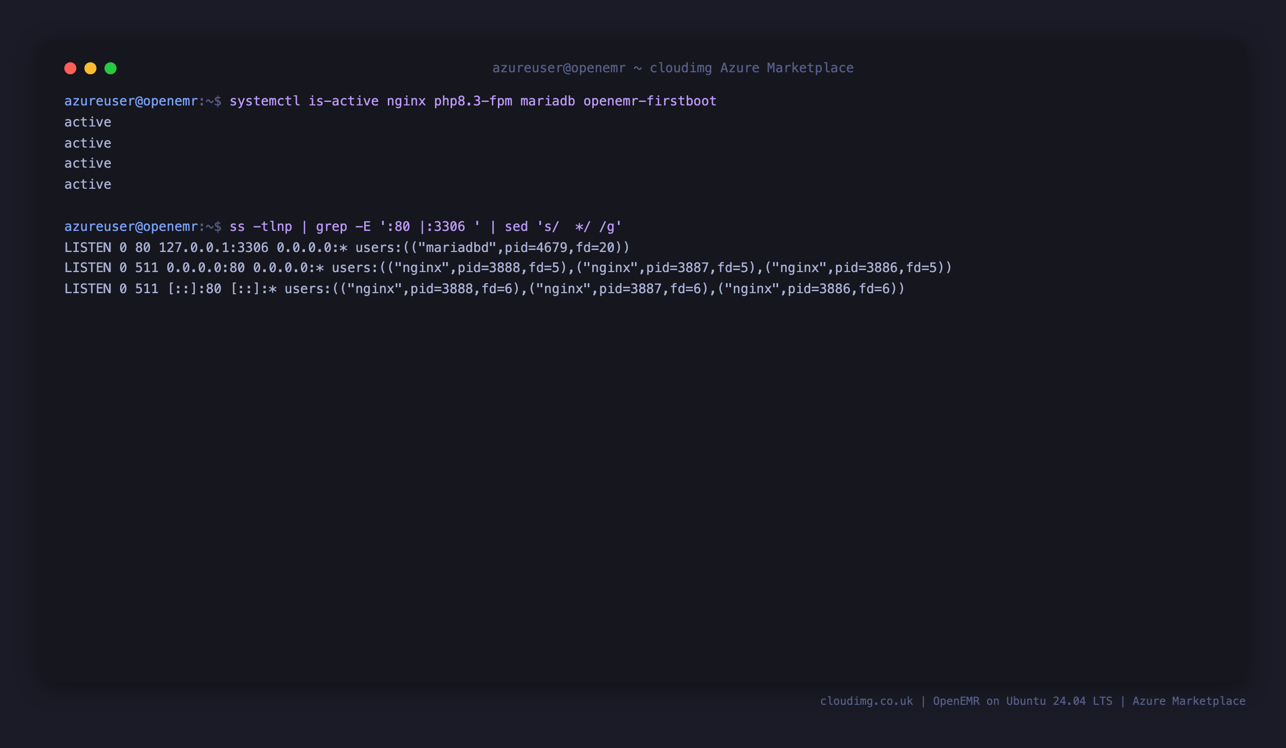 The nginx, php8.3-fpm, mariadb and openemr-firstboot services active, with nginx on port 80 and MariaDB bound to loopback 127.0.0.1:3306