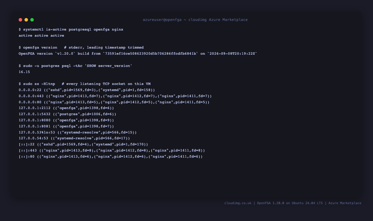 The OpenFGA stack running, with its exact listening sockets