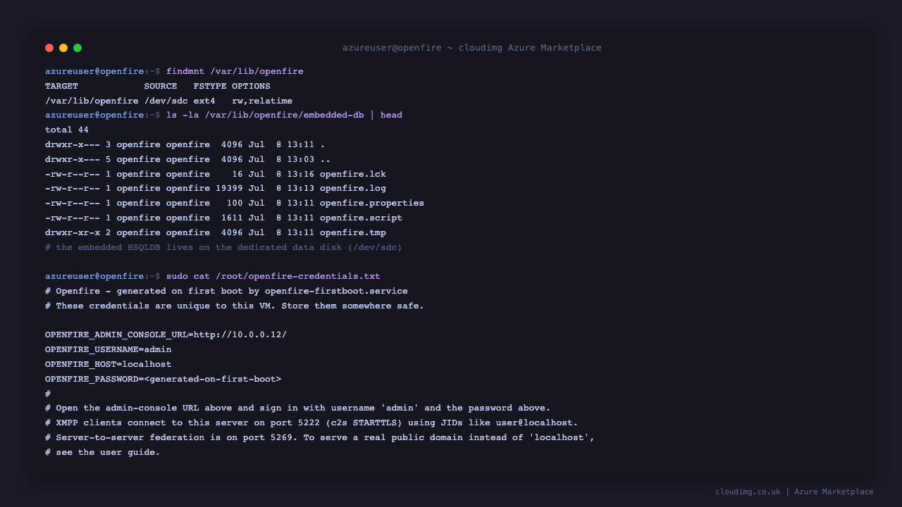 The root only 0600 credentials file with the per-VM admin username and password, and the embedded database on the dedicated data disk at /var/lib/openfire