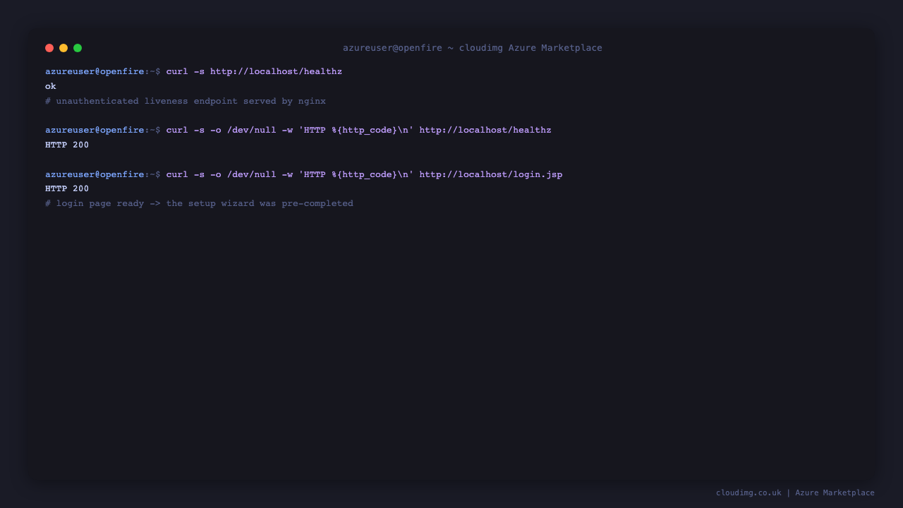 The nginx health endpoint returning ok with HTTP 200 on port 80, and the admin console login page returning HTTP 200 because the setup wizard was pre-completed