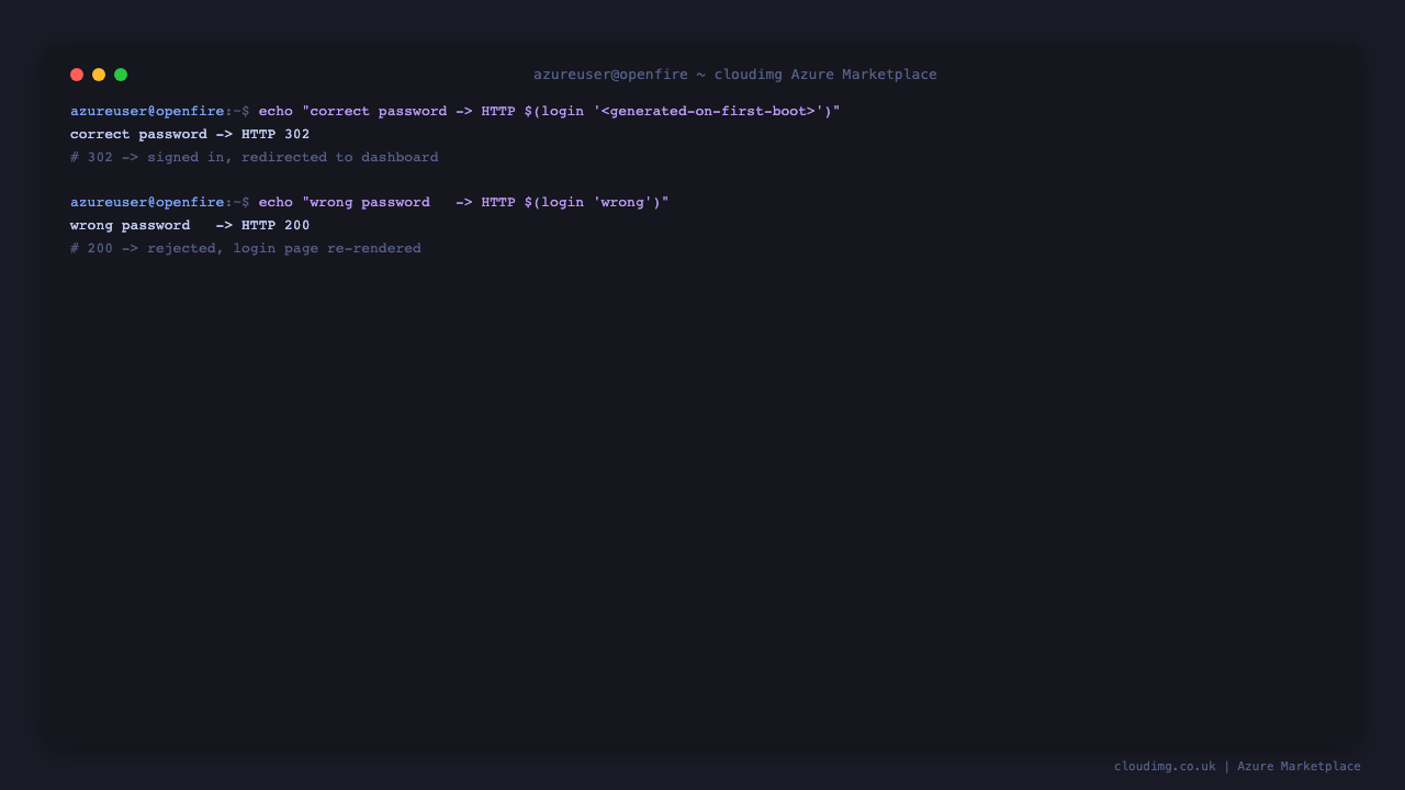 The admin console login round trip: the correct per-VM password signs in with HTTP 302 and a wrong password is rejected with HTTP 200