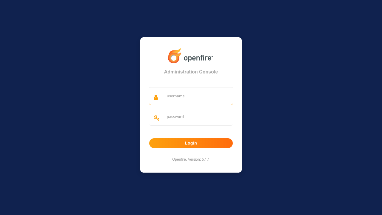 The Openfire admin console login page, reached directly because the setup wizard was pre-completed on first boot