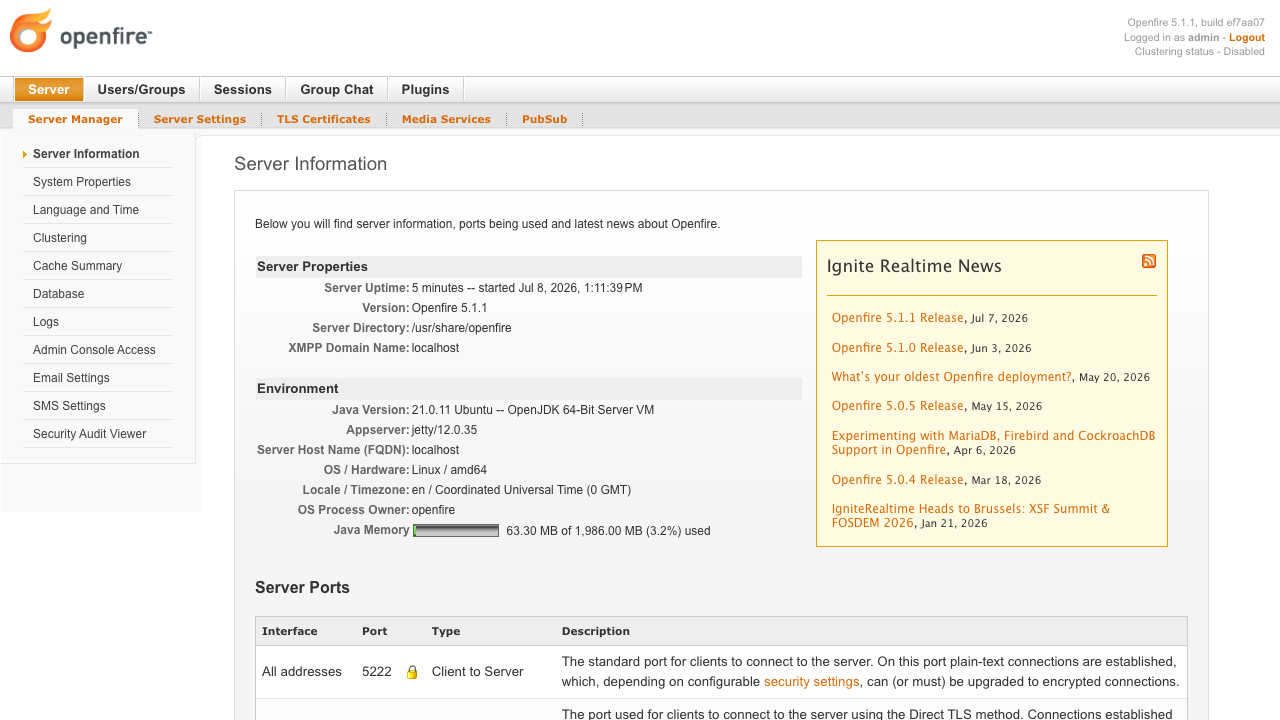 The Openfire admin console Server Information dashboard after signing in, showing the server version, XMPP domain and environment
