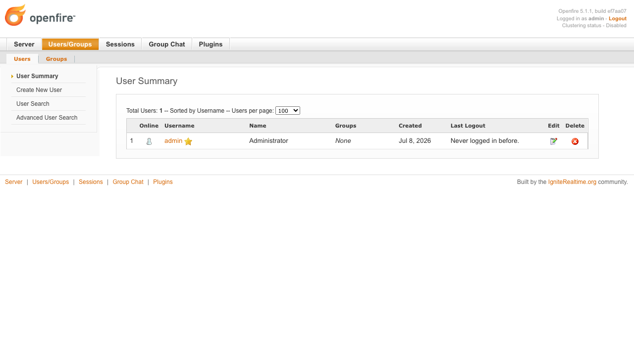 The Users/Groups page in the Openfire admin console, where you list and create the accounts for your server