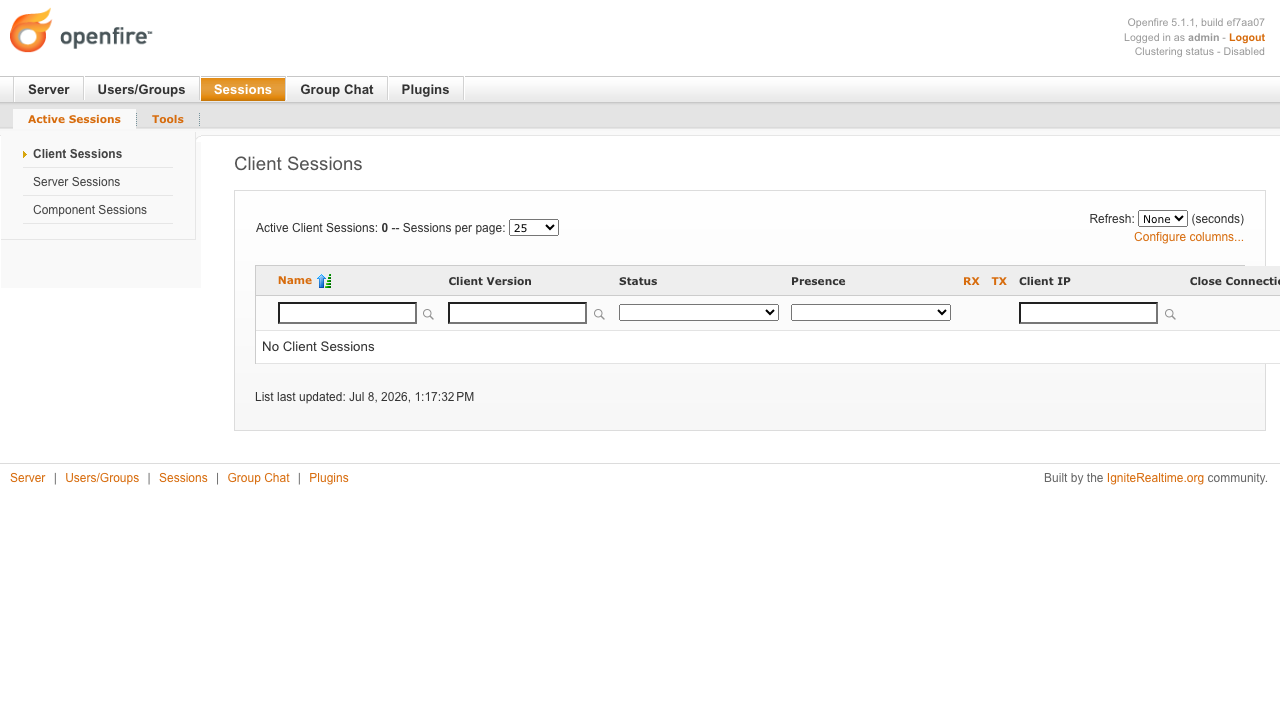 The Openfire admin console Sessions page listing connected clients, part of the same console that manages group chat rooms
