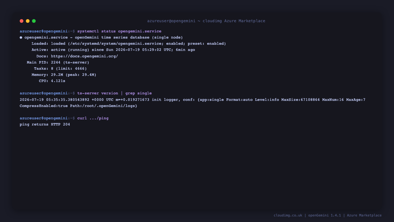 openGemini service status on a freshly booted virtual machine, showing the native systemd unit active and running