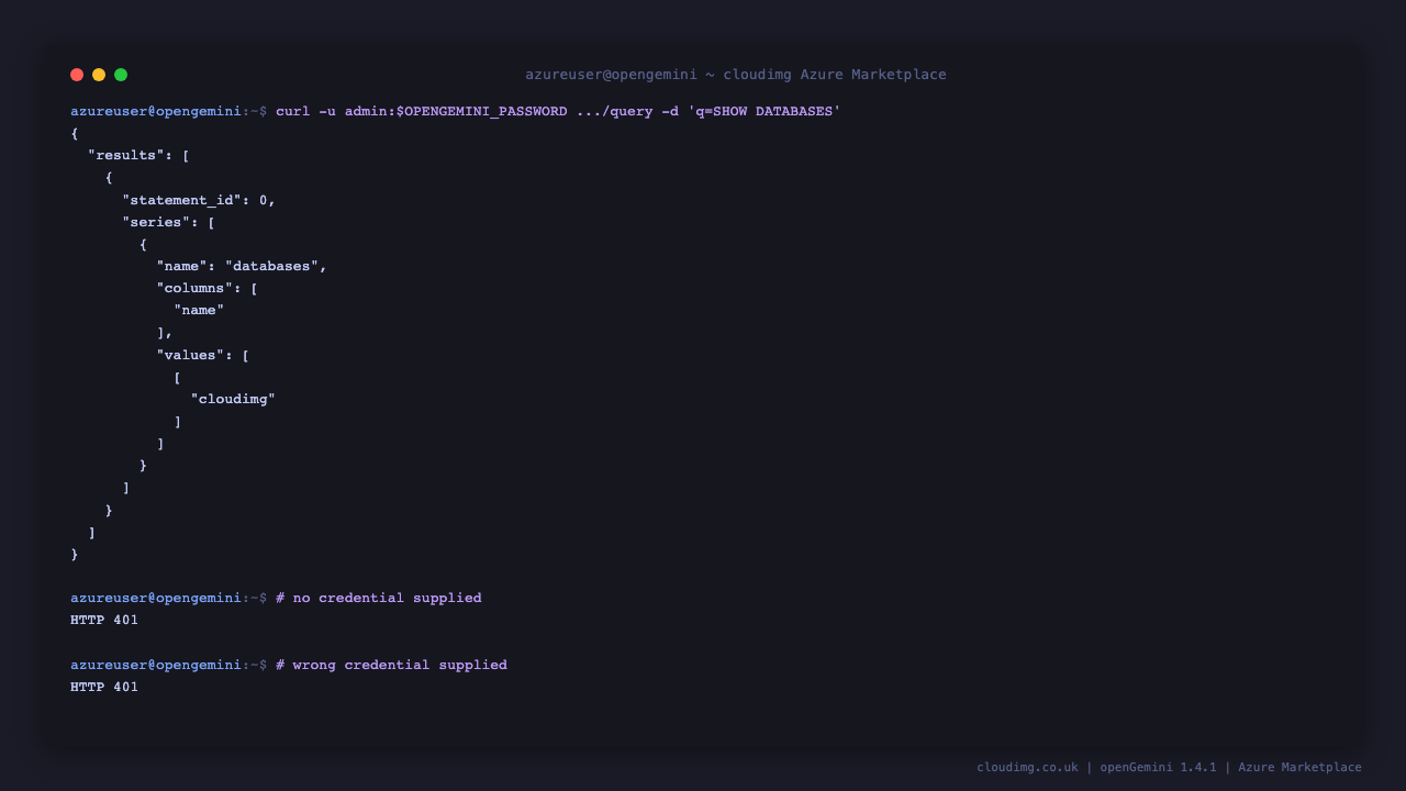 An authenticated openGemini query listing the default database over the HTTP API, and an unauthenticated request being refused with HTTP 401
