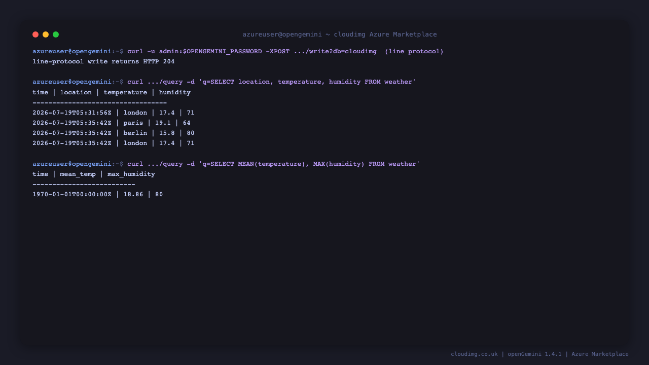 Writing weather readings into openGemini with the line protocol and reading them back with an authenticated query over the HTTP API