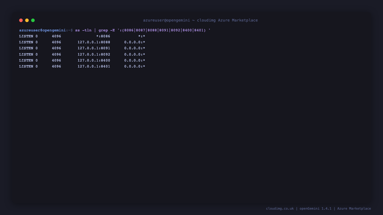 The openGemini listening ports, showing the authenticated HTTP API on 8086 and every internal port bound to loopback
