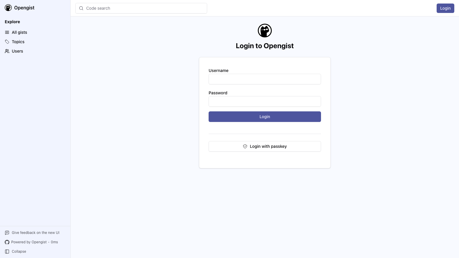 The Opengist sign in page on cloudimg, with the user name and password fields and no registration link