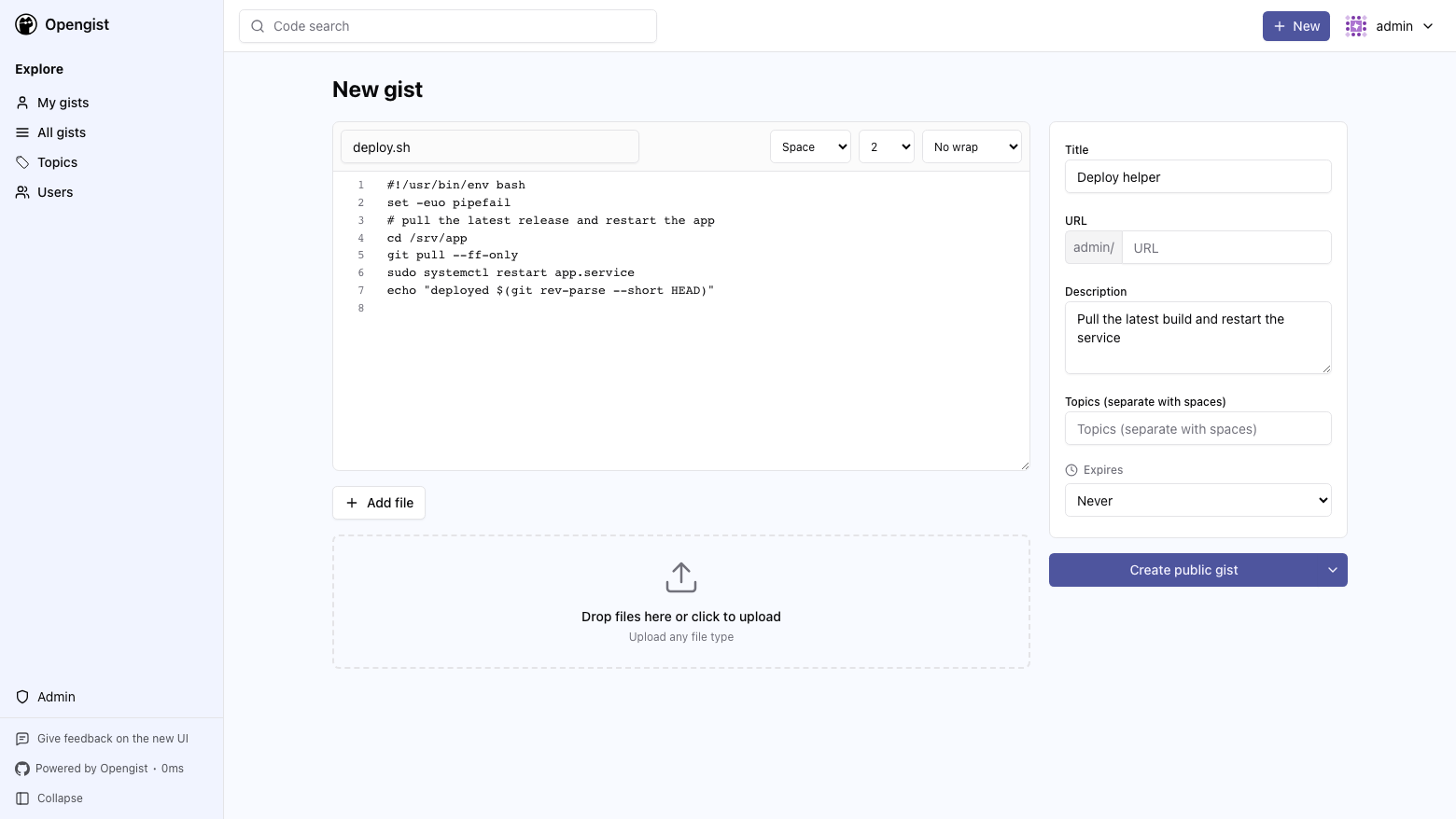 Creating a new gist in Opengist: a deploy.sh file in the editor, with the title, description, topics and expiry settings beside it