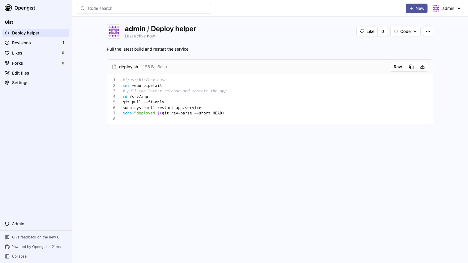 A gist in Opengist showing the deploy.sh script with Bash syntax highlighting, the Raw, copy and download buttons and the Revisions, Likes and Forks links