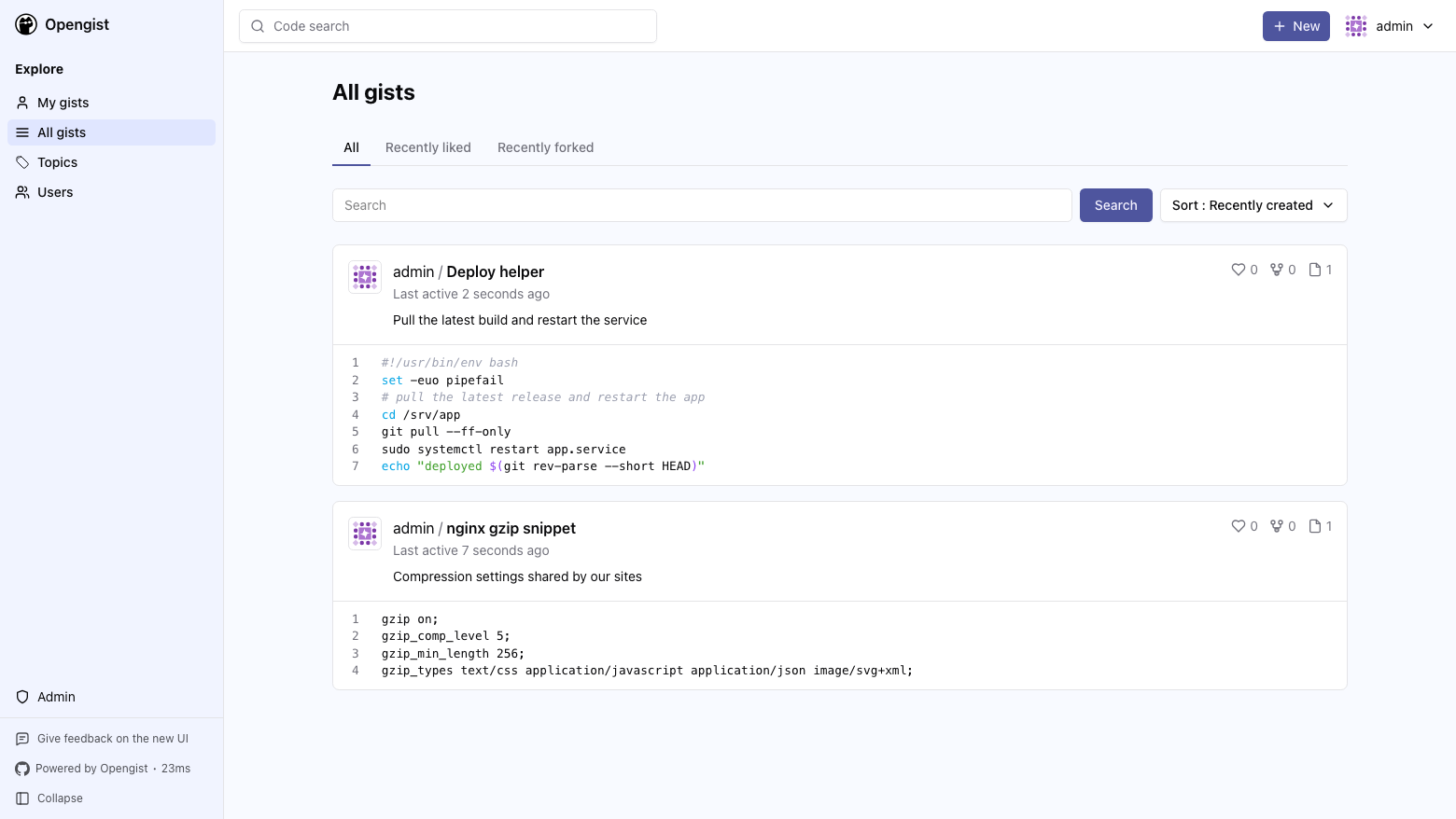 The Opengist All gists page listing two gists, a Bash deploy helper and an nginx gzip snippet, with a preview of each