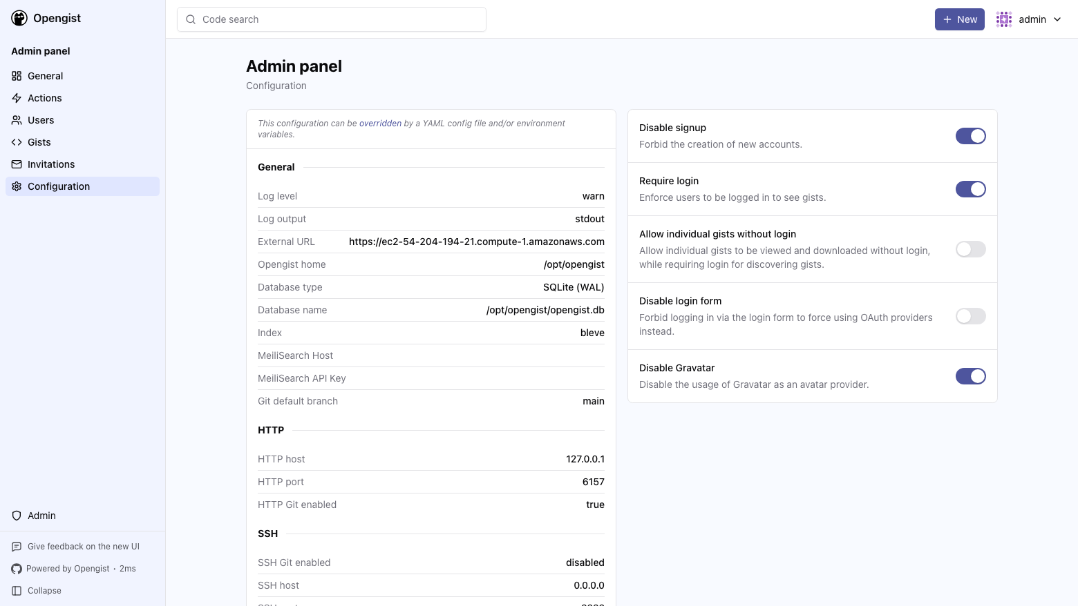 The Opengist admin panel configuration page: Disable signup, Require login and Disable Gravatar switched on; Allow individual gists without login and Disable login form switched off