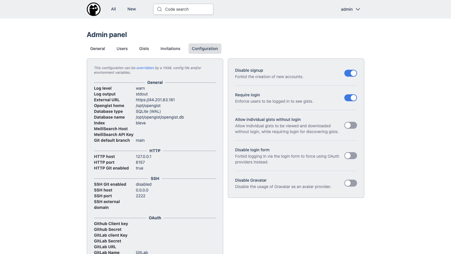 Admin panel, Configuration
