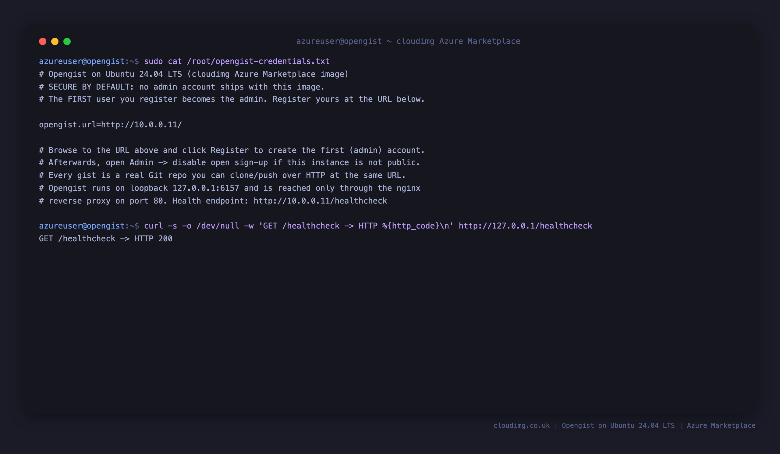 The Opengist instance info note showing the site URL and the register instruction, with the health endpoint returning HTTP 200 - no default password ships