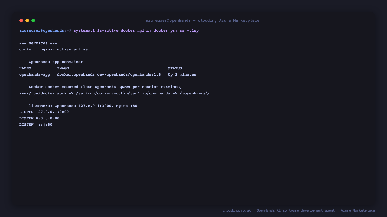 docker.service and nginx.service active, the openhands-app container healthy on the loopback connector 3000, the Docker socket mounted, and nginx listening on port 80