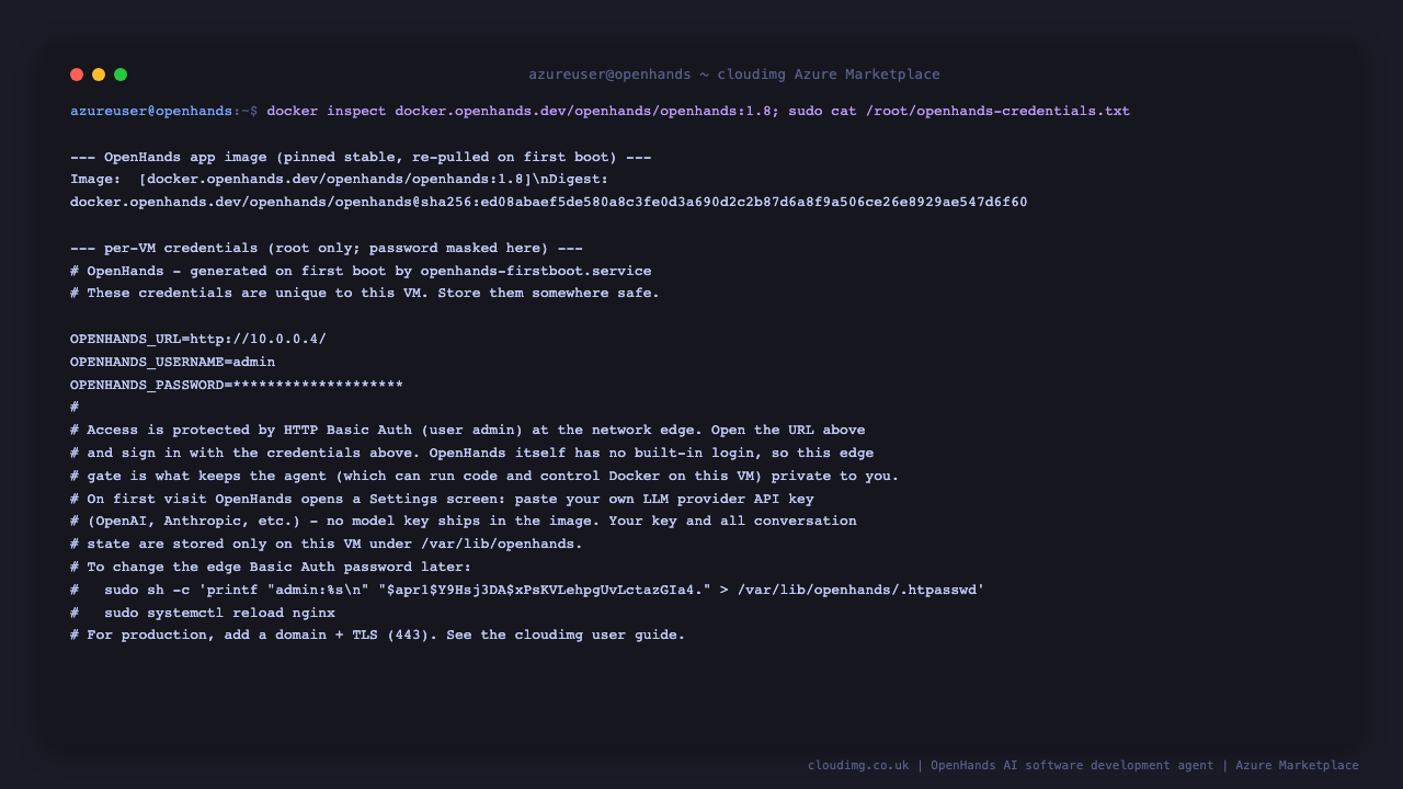 The OpenHands image reference and the per-VM credentials file with the generated admin password and URL