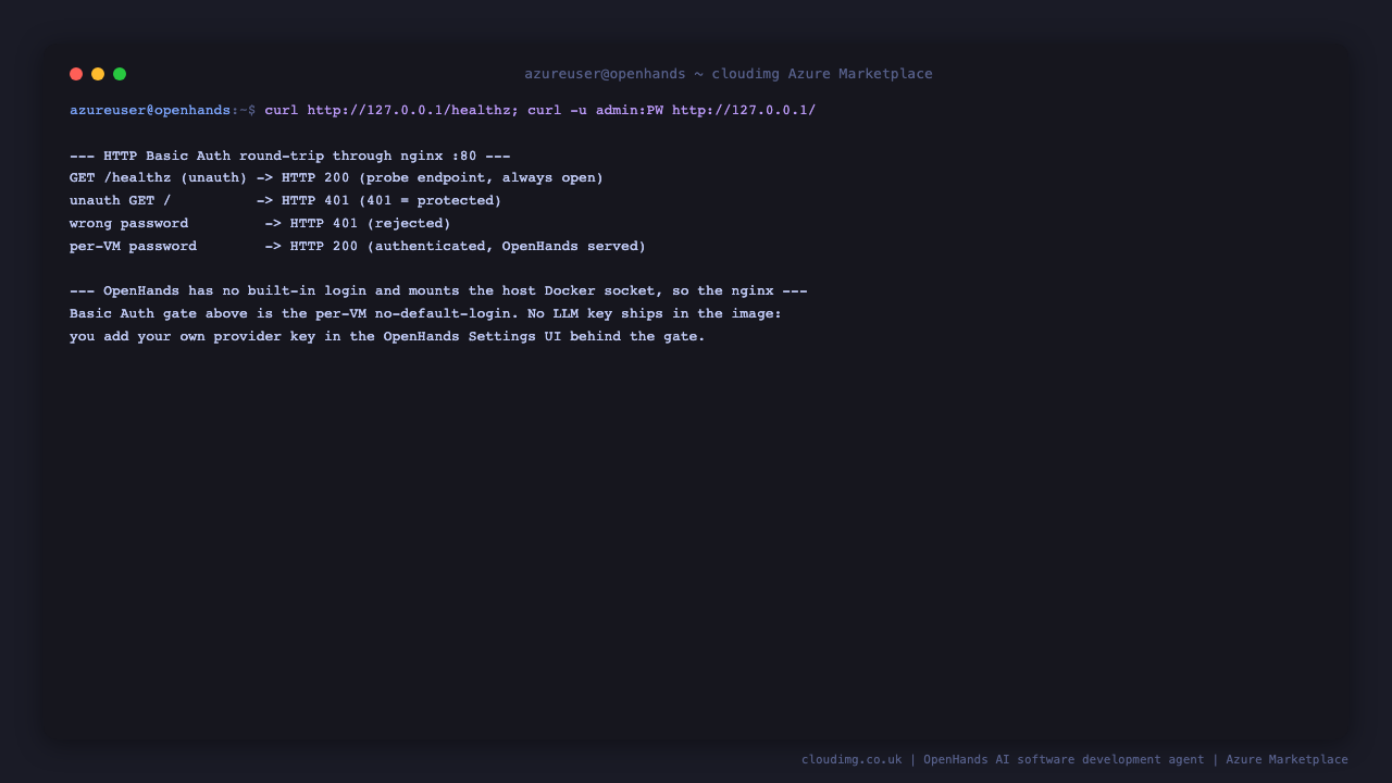nginx returning 401 for an unauthenticated request and 200 once the per-VM admin password is supplied, with a note that OpenHands ships no built in login and no LLM key