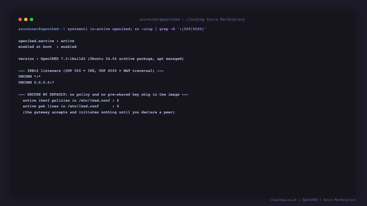 The openiked service is active and enabled at boot, OpenIKED 7.3 from the Ubuntu 24.04 archive, listening on UDP 500 and UDP 4500, with the shipped configuration declaring zero active IKEv2 policies and zero pre-shared keys so the gateway accepts and initiates nothing until a peer is declared