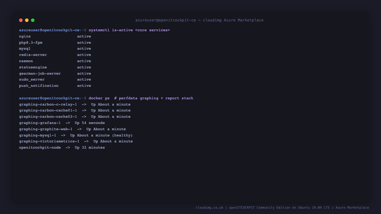 openITCOCKPIT core services all reporting active over systemctl, and docker ps listing the graphing containers, carbon cache, graphite web, carbon c relay, VictoriaMetrics and Grafana, plus the Puppeteer report node, all running on the same host