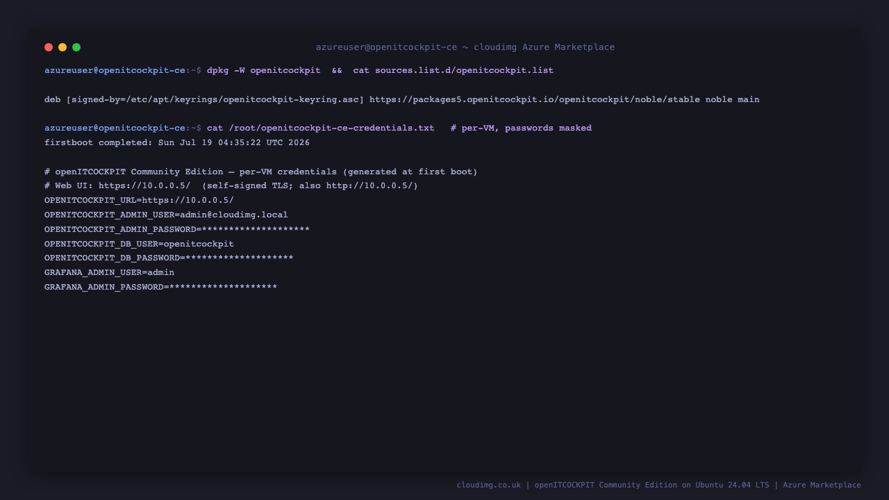 The per instance openITCOCKPIT credentials file at /root/openitcockpit-ce-credentials.txt shown with sudo cat, passwords redacted, listing the web UI URL, the admin user admin@cloudimg.local, the MySQL user openitcockpit and the Grafana admin user