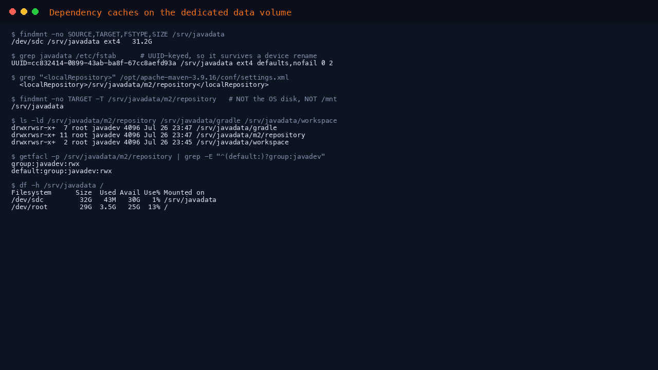 Terminal showing the dedicated data volume mounted at /srv/javadata as an ext4 filesystem of 31.2G, its UUID keyed nofail entry in fstab, the Maven global settings file pointing localRepository at /srv/javadata/m2/repository, findmnt confirming that path resolves to the /srv/javadata mount rather than the operating system disk, the cache directories owned by root and the javadev group with inheritable access control entries, and df showing the data volume separate from the root filesystem