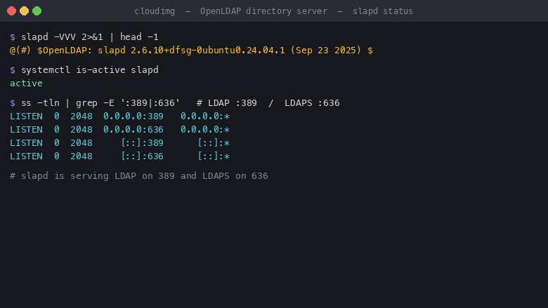 OpenLDAP slapd running under systemd, serving LDAP on port 389 and LDAPS on port 636
