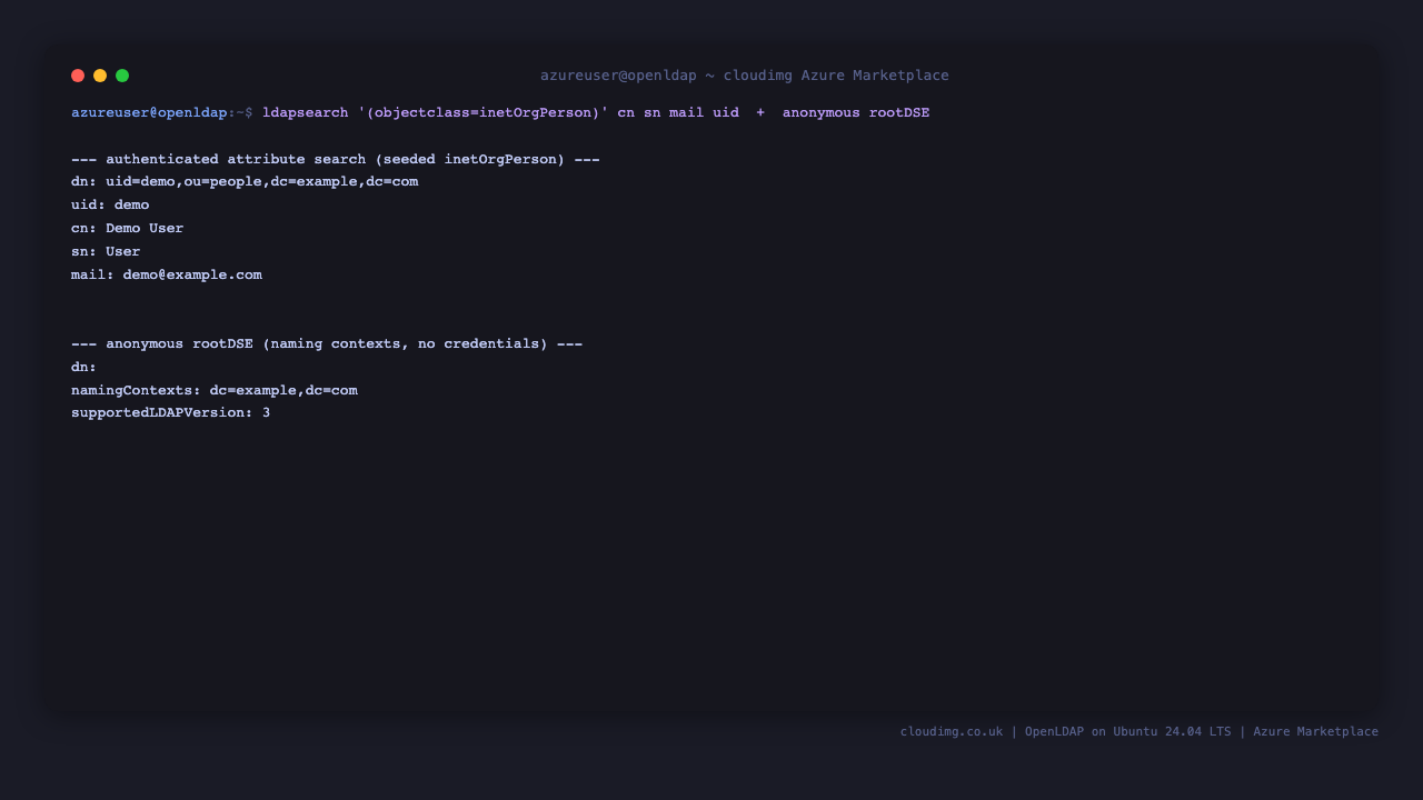 Authenticated attribute search returns the seeded inetOrgPerson entry