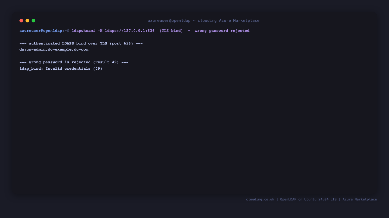 Authenticated LDAPS bind over TLS on port 636 returns the admin DN